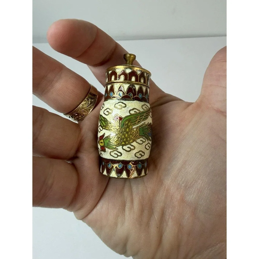 Minaiture Cloisonné Lidded Jar Vintage Bird Chicken? Design 2